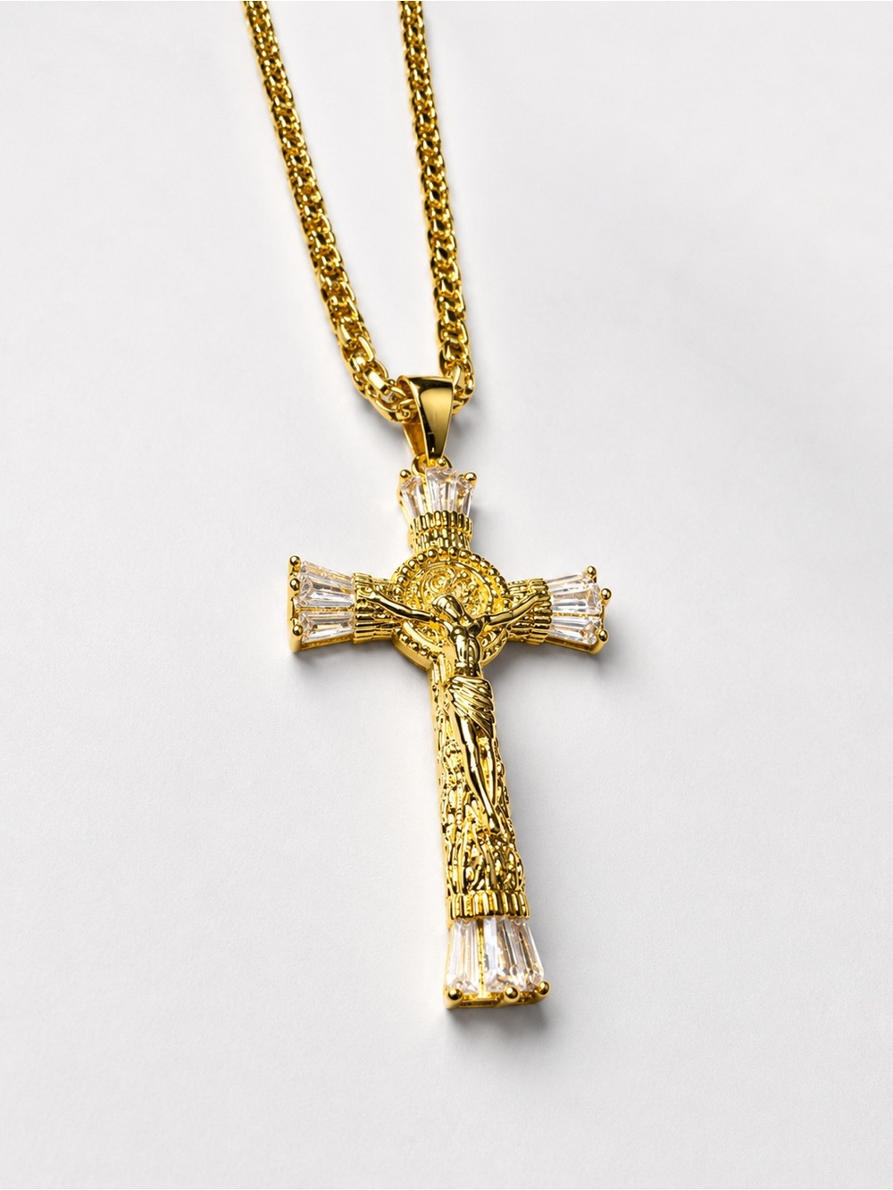 Gold Tone Crucifix Pendant Necklace with Clear Stones